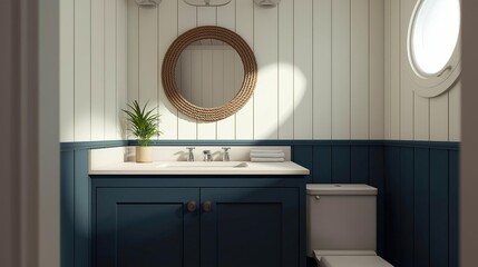 Modern bathroom with a blue vanity and a white toilet. the walls are painted in a light blue color with vertical stripes, and there is a round mirror hanging above the sink.