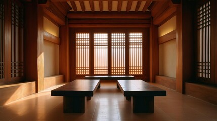 Traditional japanese room with a wooden ceiling and floor. the room has a large window with wooden shutters that are open, allowing natural light to enter the space.