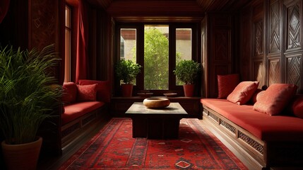 Cozy living room with a large window in the center. the window is covered with red curtains and has a wooden paneled wall on the right side.