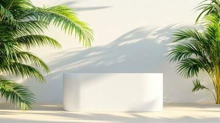  Elegant tropical promo stand mockup with palm leaves and soft shadows, perfect for advertising and branding use