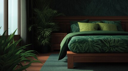 Modern bedroom with a large window on the left side. the window has a view of the ocean and the sky. the walls are covered in dark green wallpaper with a tropical leaf pattern.