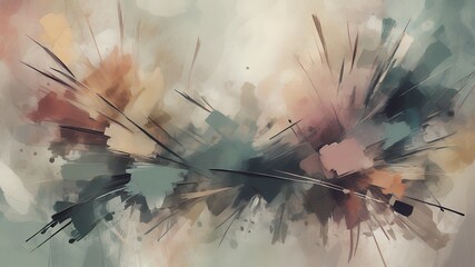 Abstract painting featuring a burst of colors with dark lines emanating from the center area