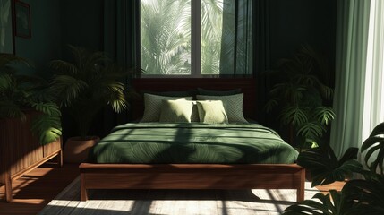 Modern and luxurious bedroom with a large window that offers a view of the greenery outside.