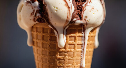 A close up of melting ice cream in a waffle cone with chocolate syrup drizzled on top in bright sunlight