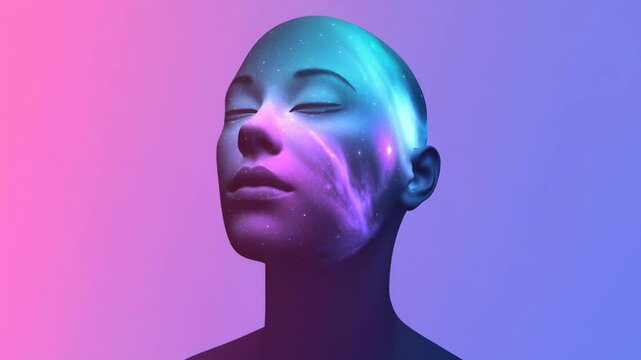 Side profile of a serene face with a cosmic texture, blending pink and blue hues. Captured from a side angle, resembling a futuristic video concept. Live desktop wallpaper.