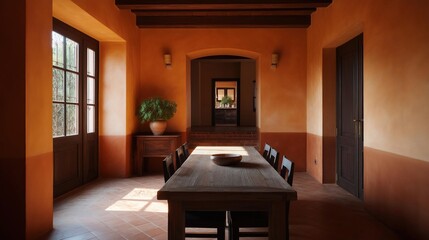Long wooden dining table with six chairs in a room with orange walls and tiled flooring.