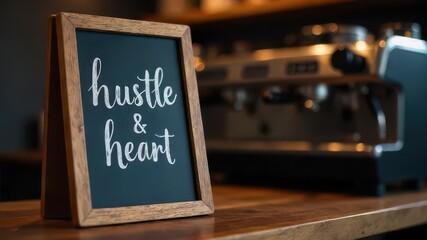 wooden framed sign with "hustle & heart" written in white script, placed on a cafe counter with a blurred espresso machine in background. motivational message. cafe decor, coffee shop ambiance.