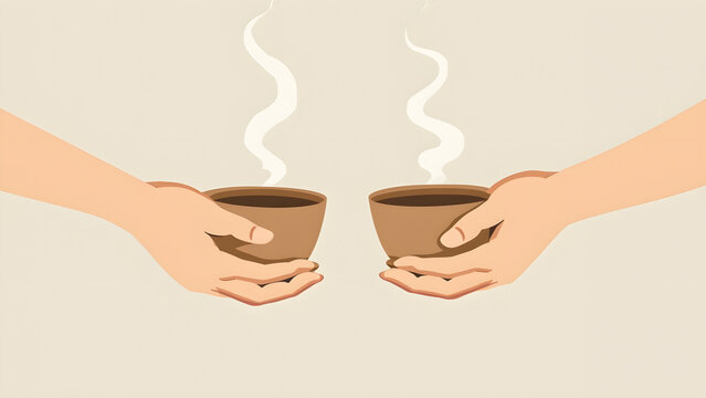 Two hands holding coffee cups in a minimalist flat design illustration