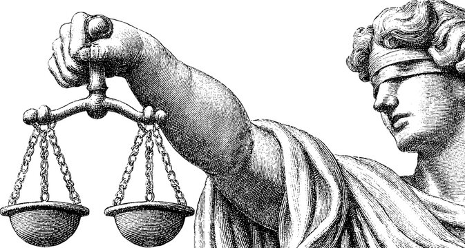 Blindfolded justice holding scales and gavel - dotwork representation of law and balance