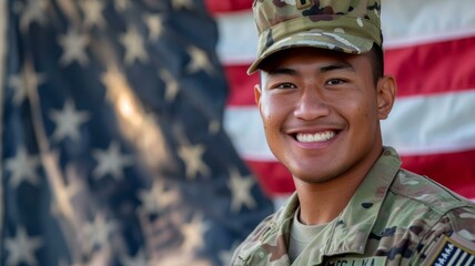  Smiling mixed-race soldier in camo with US flag backdrop; radiates warmth and patriotism.