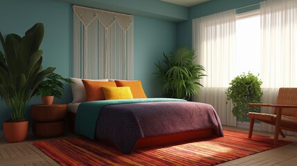 Modern and colorful bedroom with a large window on the right side. the window has white curtains and is covered with sheer white curtains.