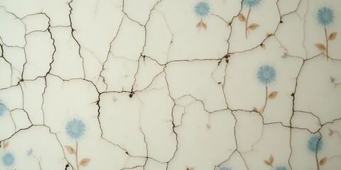 Cracked wall with floral pattern showing blue flowers and brown stems and leaves on a white wall