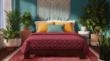 Bedroom with a large bed in the center. the bed has a red and white patterned comforter and two yellow throw pillows with blue and orange accents.