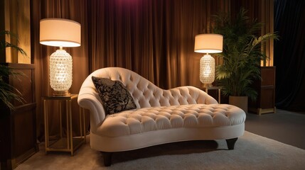 Luxurious living room with a white sofa in the center. the sofa has a tufted design and is upholstered in a soft, plush fabric. it is placed in front of a large window with sheer curtains.