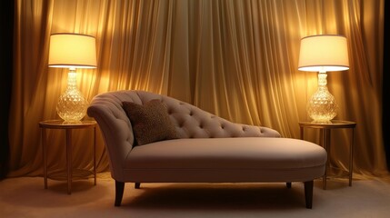 Luxurious living room with a beige sofa in the center. the sofa has a tufted backrest and armrests, and there is a brown throw pillow on it.