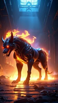 Fiery canine-like creature with horns and glowing eyes standing amidst flames in a decaying building interior, bathed in blue and orange light