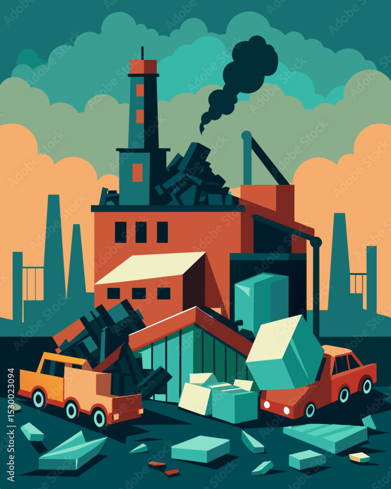 Poster a crumbling factory with stacks of obsolete machinery spilling out onto the loading dock a testament