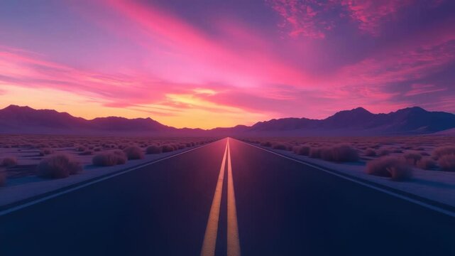 Endless highway journey at dusk with dramatic pink skies, inspiring travel and freedom