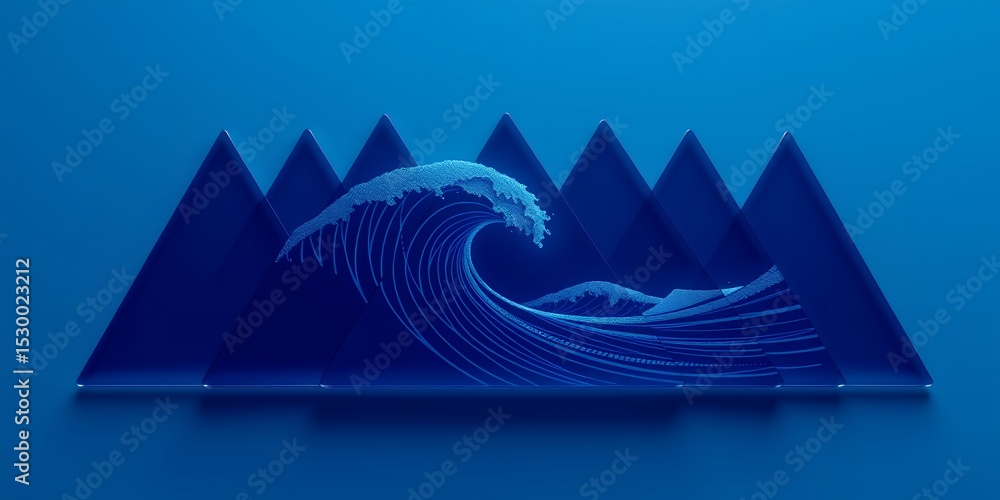 Poster a digital rendering of a wave in front of triangular shapes against a blue monochromatic background