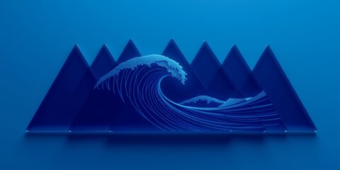 A digital rendering of a wave in front of triangular shapes against a blue monochromatic background