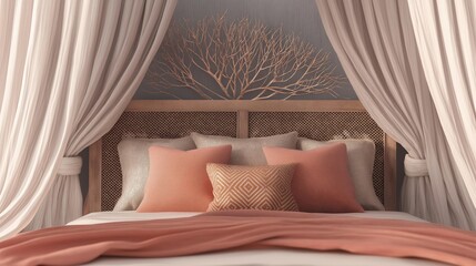 Bedroom with a large bed in the center. the bed has a wooden headboard with a woven rattan pattern and is covered with a white bedsheet.