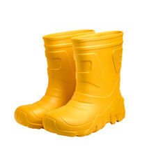 Pair of orange rubber boots for kids isolated on white background side view