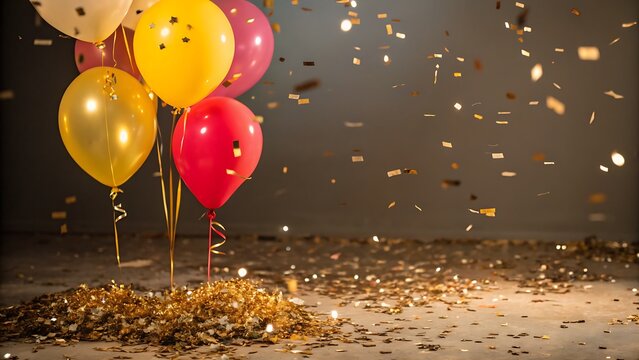 Balloons of various colors with confetti falling in a festive celebration scene