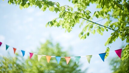 Colorful triangular bunting hanging outdoors with green trees and a blue sky above it