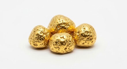 Obraz premium A small pile of four shiny golden nuggets resting on a plain white surface in a studio setting