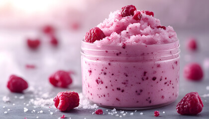 Pink raspberry scrub jar surrounded by fresh raspberries and coarse salt. Skincare display, beauty product, natural ingredients for beauty wellness. Spa, rejuvenation, treatment with fruit and aroma