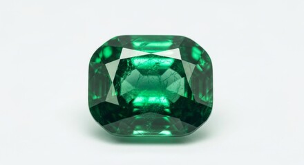 A single emerald gemstone with a cushion cut displayed on a white background in a close up shot