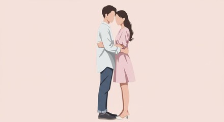 Obraz premium Illustration of a couple embracing each other on a soft pink background in a simple style