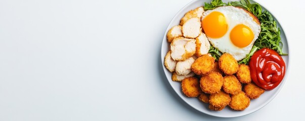 Chicken and Egg Bowl Crispy Bites, Fresh Greens, Ketchup,food bowl ,lunch ideas