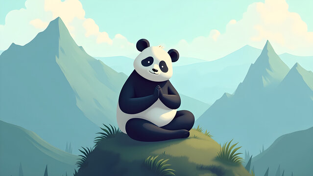 Panda meditating on a mountain top