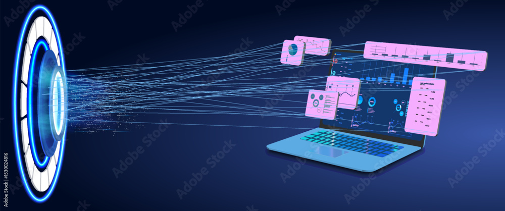 Poster data transfer portal connecting to a laptop with visual graphs in a futuristic setting.
