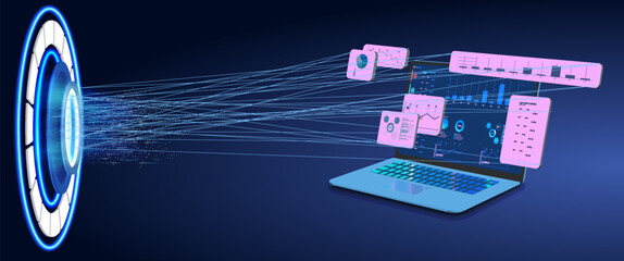 Data transfer portal connecting to a laptop with visual graphs in a futuristic setting.