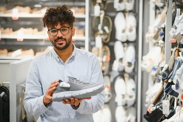 Arab man choosing running shoes in a mall