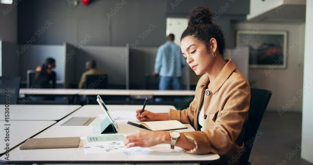 Poster Writing, tablet and woman with documents for statistics, website analysis and research for seo. Creative, professional and person with notes, graph and chart for online review, web report and project