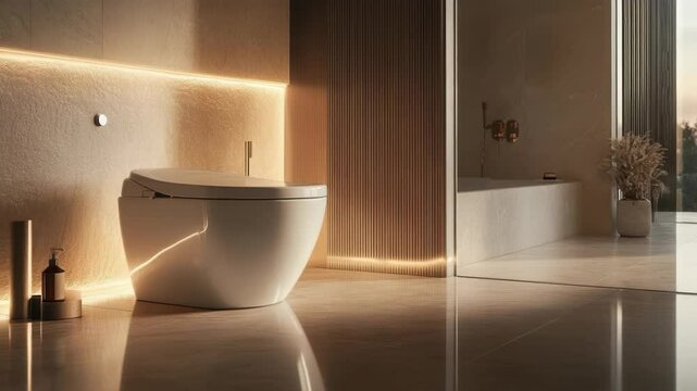 Modern bathroom interior with stylish toilet and warm lighting in a contemporary design concept