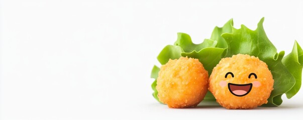 Crispy Fried Balls with Happy Face and Lettuce, Cute food , Snack
