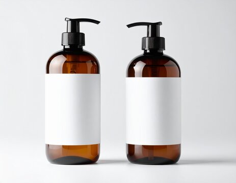 Dos dispensadores de jabón líquido color ámbar con etiquetas minimalistas blancas, con bomba negra, sobre fondo blanco.