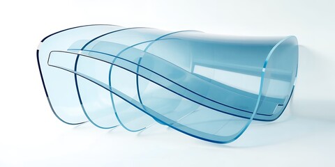 Stacked translucent blue plastic sheets arranged in a curved formation on a white surface