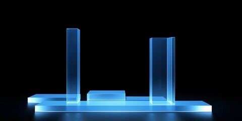 A minimalist presentation stage with blue transparent geometric shapes on black background