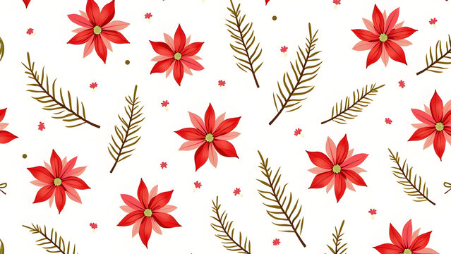 Wintery Seamless Pattern Featuring Poinsettia Flowers and Pine Branches