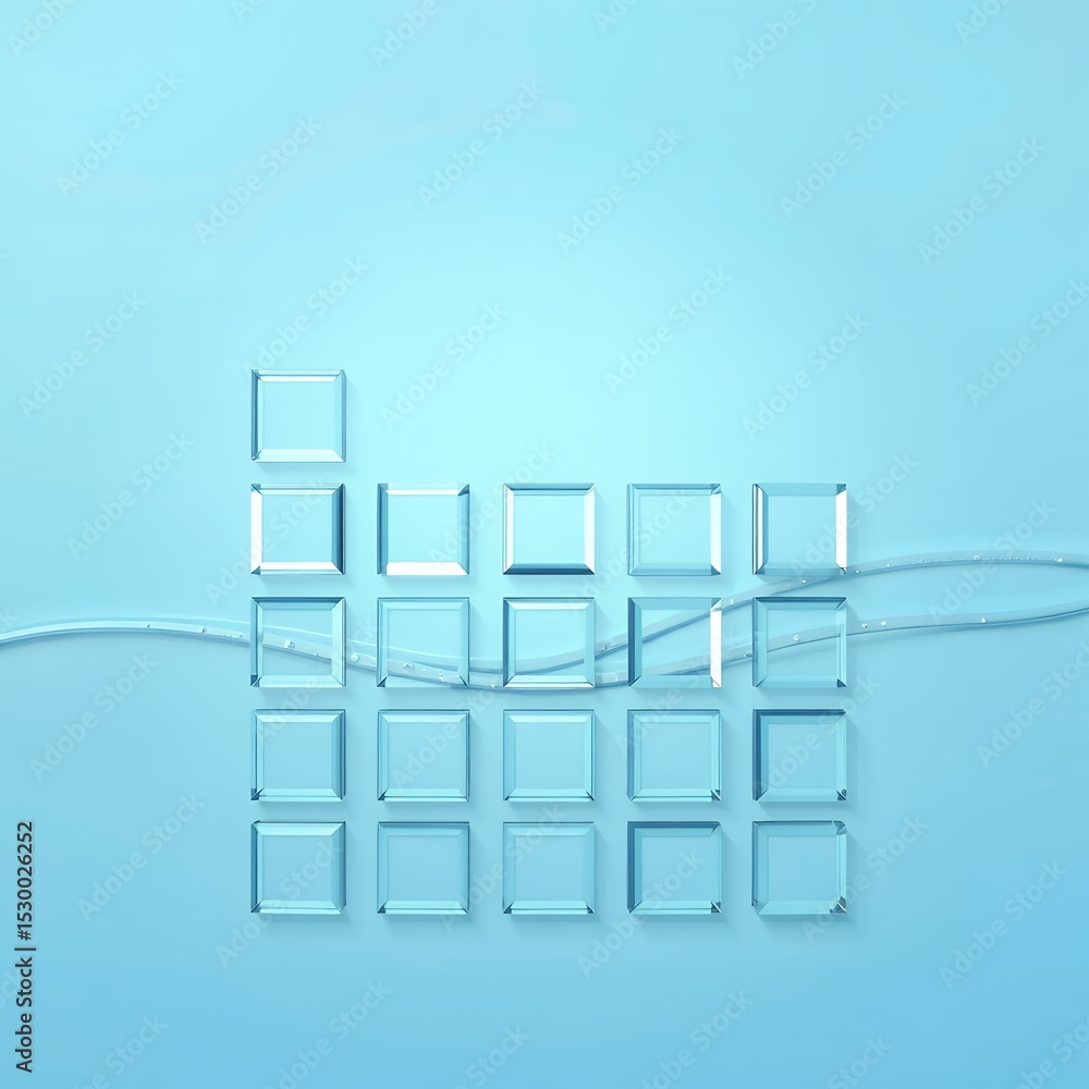 Aufkleber arrangement of transparent square tiles on a light blue surface with a thin white string across it