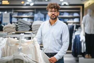 Arab man choosing clothes in fashion store