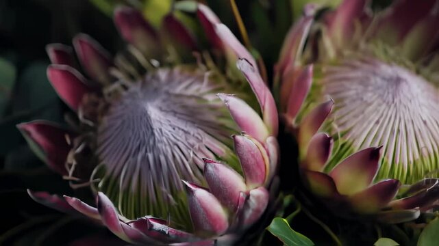 Protea flower arrangement in black background