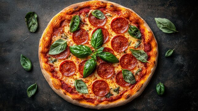 Pepperoni Pizza with Basil Delicious Italian Food Photography - Powered by Adobe