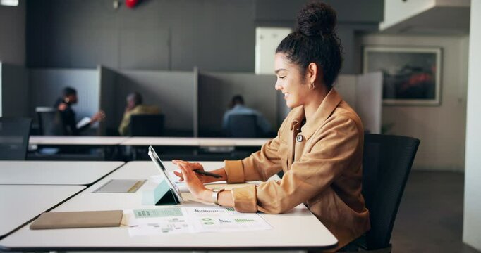 Happy, web designer and woman on tablet in office for website review, research and statistics. Creative worker, professional and person with digital tech for ux design, homepage layout and planning