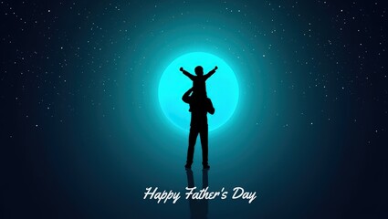 Fototapeta premium Happy father's day banner with Silhouette son is riding his father is neck at blue full moon night time vector design
